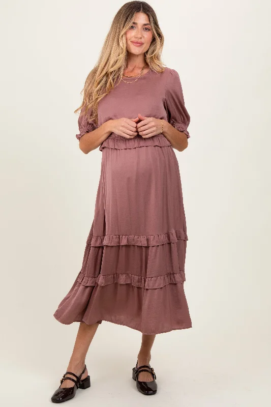 Mauve Satin Ruffle Trim Maternity Midi Dress Trendy Mock Neck Midi Dress