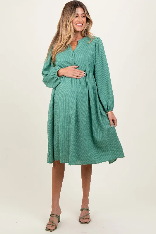 Mint Green Pin Stripe Split Neckline Maternity Midi Dress Elegant Puff Sleeve Midi Dress