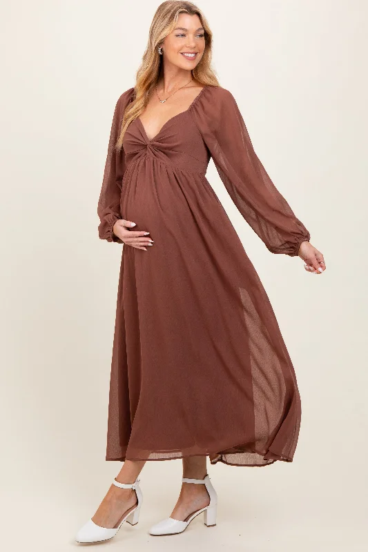 Mocha Chiffon Twisted Front Maternity Midi Dress Elegant Pleated Detail Midi Dress