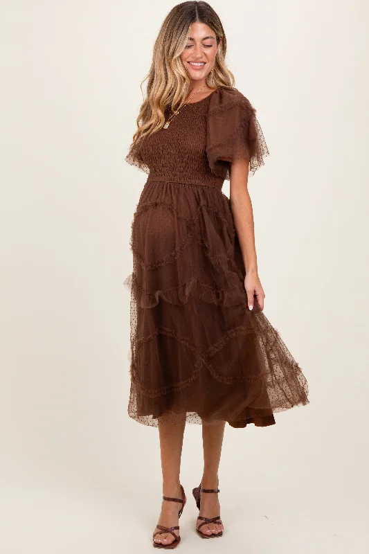 Mocha Smocked Ruffled Mesh Maternity Midi Dress Trendy Ruffled Sleeve Midi Dress