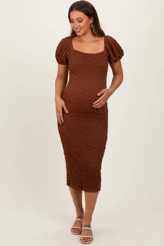 Mocha Textured Square Neck Puff Sleeve Maternity Midi Dress Elegant Pleated Detail Midi Dress