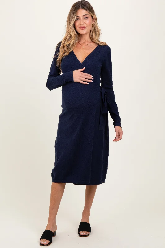 Navy Blue Knit Long Sleeve Wrap Maternity Midi Dress Fashionable Pleated Midi Dress