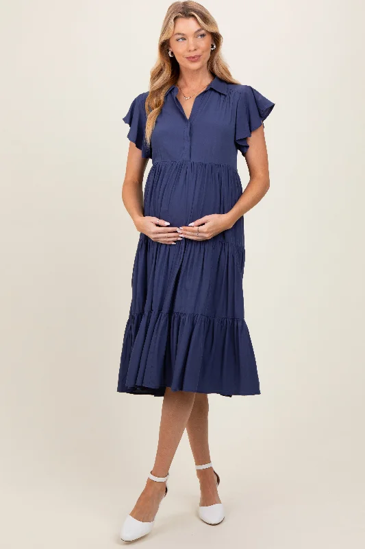 Navy Blue Ruffle Sleeve V-Neck Tiered Maternity Midi Dress Fashionable One-Shoulder Midi Dress