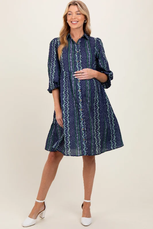 Navy Floral Striped Button Down Maternity Midi Dress Stylish Button-Up Midi Dress