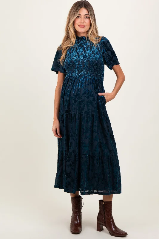 Navy Floral Velvet Print Smocked Maternity Midi Dress Comfortable Fit-and-Flare Midi Dress