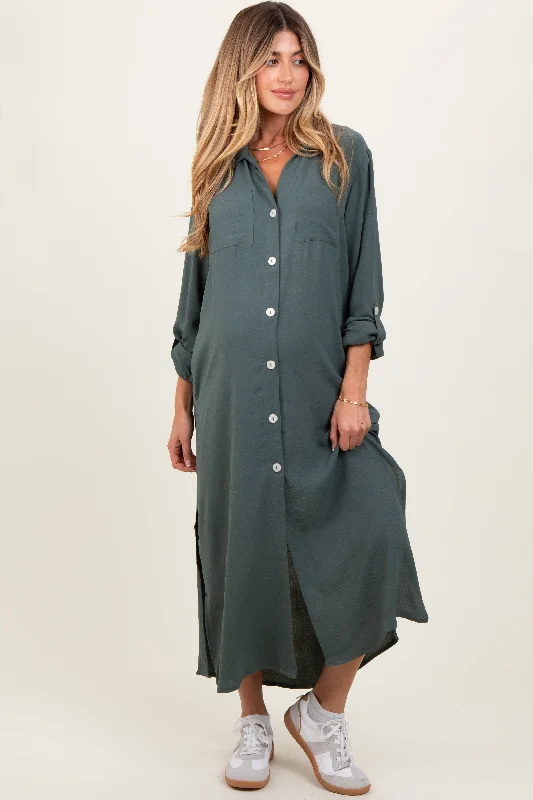 Olive Long Sleeve Button Down Maternity Maxi Dress Comfortable Long-Sleeve Maxi Dress Olive Long Sleeve Button Down Maternity Maxi Dress Comfortable Long-Sleeve Maxi Dress