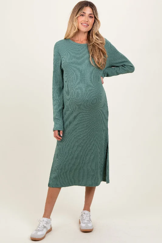 Olive Ribbed Knit Long Sleeve Side Slit Maternity Midi Dress Comfortable Floral Print Midi Dress