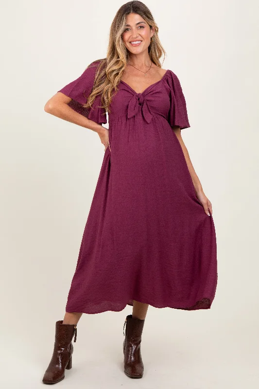 Plum Front Tie Ruffle Sleeve Maternity Midi Dress Trendy Long Sleeve Midi Dress