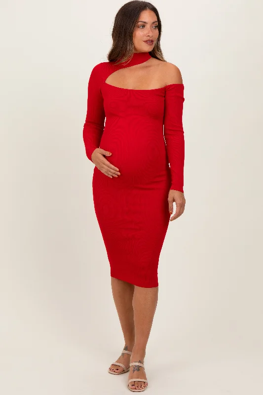 Red Mock Neck Cutout Maternity Fitted Midi Dress Trendy Off-Shoulder Ruffle Midi Dress