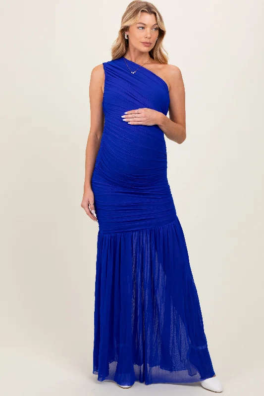 Royal Blue Ruched Mesh One Shoulder Maternity Maxi Dress Fashionable Chiffon Maxi Dress Royal Blue Ruched Mesh One Shoulder Maternity Maxi Dress Fashionable Chiffon Maxi Dress