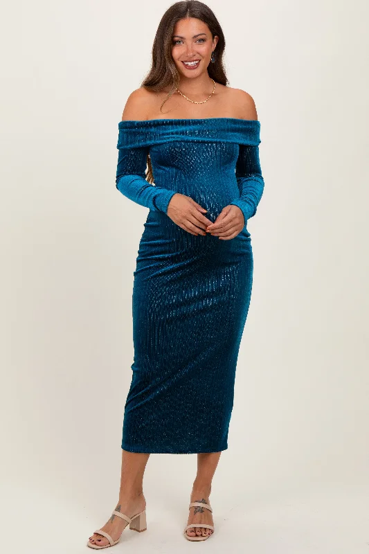 Teal Shiny Velour Off Shoulder Maternity Midi Dress Comfortable Deep V Midi Dress