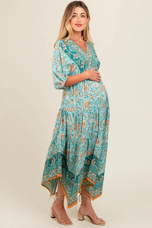 Aqua Floral Border Print V-Neck Tiered Maternity Midi Dress Trendy Flared Sleeve Midi Dress