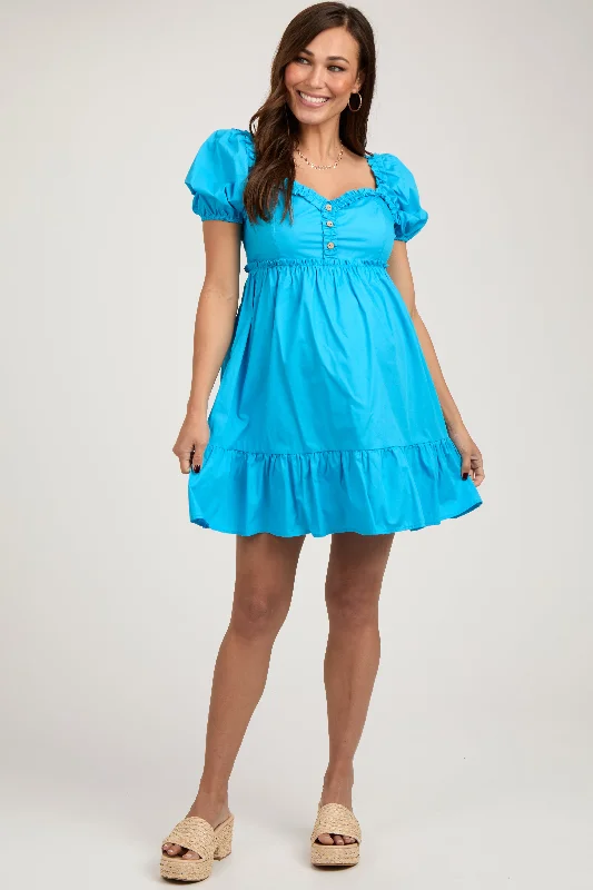 Aqua Puff Sleeve Ruffle Accent Maternity Mini Dress Cozy Long Sleeve Mini Dress