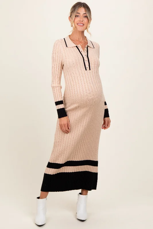 Beige Contrast Trim Knit Polo Maternity Midi Dress Comfortable Geometric Print Midi Dress