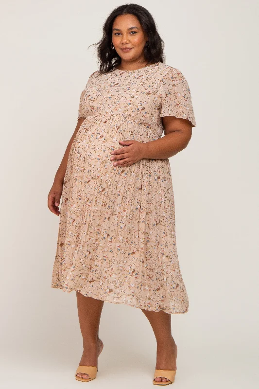 Beige Floral Pleated Chiffon Maternity Plus Midi Dress Comfortable Denim Midi Dress