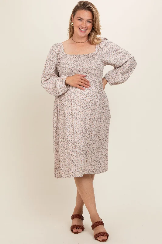 Beige Floral Print Long Sleeve Maternity Plus Midi Dress Elegant Faux Wrap Midi Dress