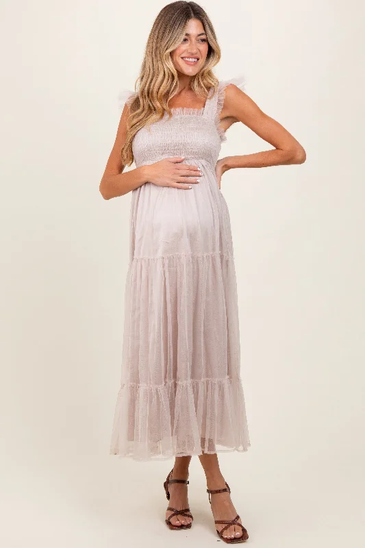 Beige Mesh Overlay Smocked Maternity Midi Dress Cozy Midi Dress with Pockets