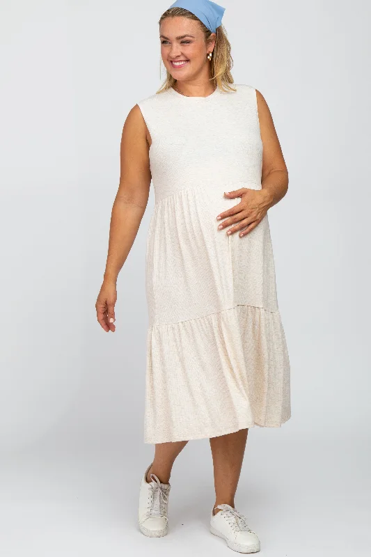 Beige Ribbed Sleeveless Plus Maternity Midi Dress Comfortable Stretch Midi Dress