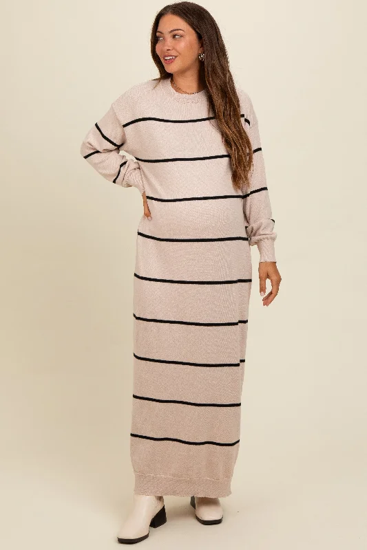 Beige Striped Knit Drop Shoulder Maternity Midi Dress Trendy Fit-and-Flare Midi Dress