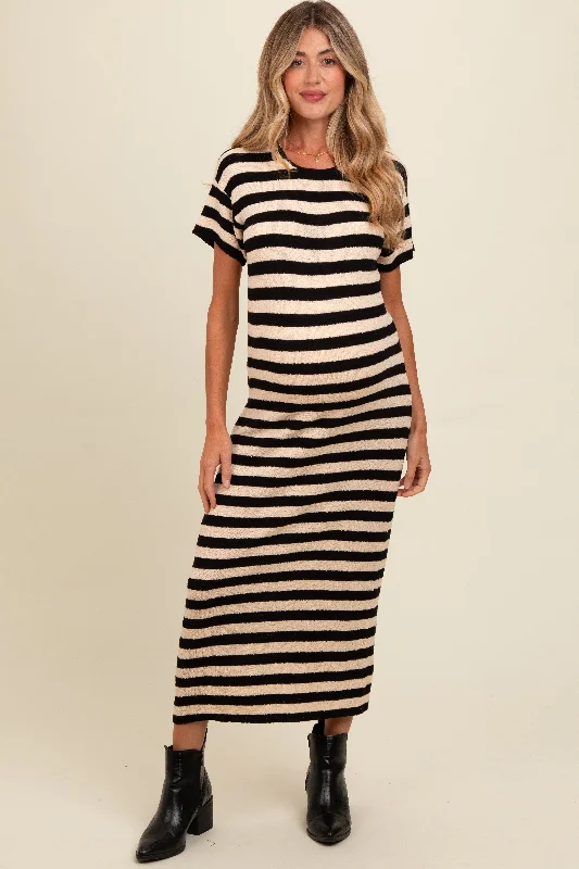 Beige Striped Knit Maternity Midi Dress Chic Bohemian Midi Dress