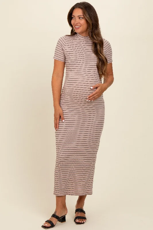 Beige Striped Mock Neck Fitted Maternity Midi Dress Elegant Satin Button Midi Dress