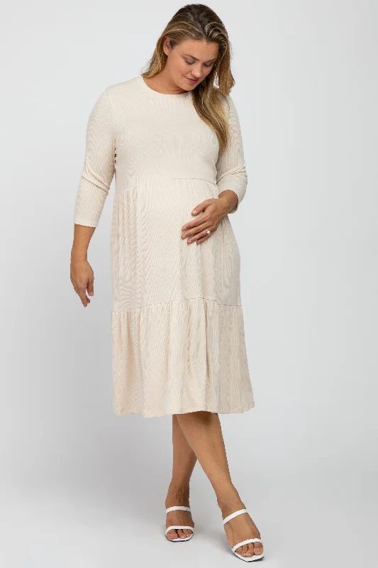 Beige Tiered Ribbed 3/4 Sleeve Plus Maternity Midi Dress Trendy Ruffled Sleeve Midi Dress