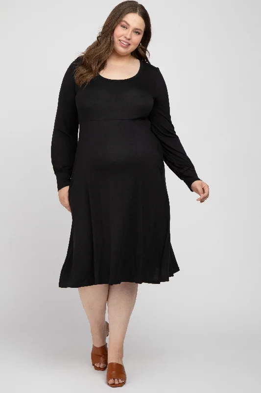 Black Bubble Sleeve Maternity Plus Midi Dress Comfortable Short Sleeve Midi Dress