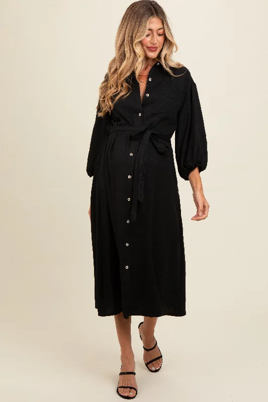 Black Button Down Maternity Midi Dress Stylish Midi Dress with Cuffs