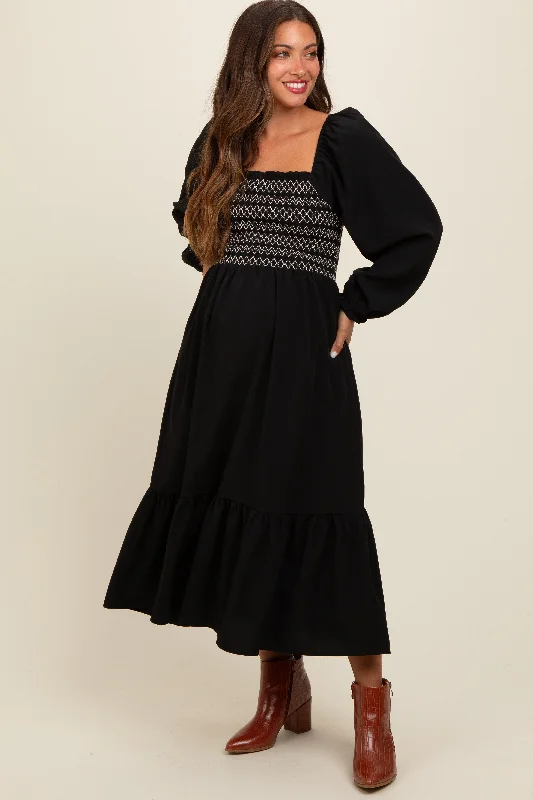 Black Contrast Smocked Balloon Sleeve Maternity Midi Dress Trendy Long Sleeve Midi Dress