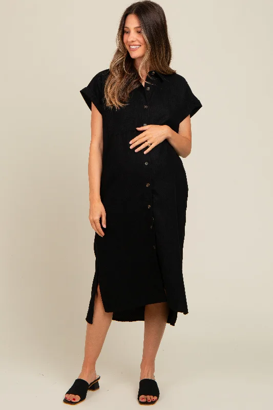 Black Corduroy Button Down Maternity Midi Dress Elegant V-Neck Midi Dress