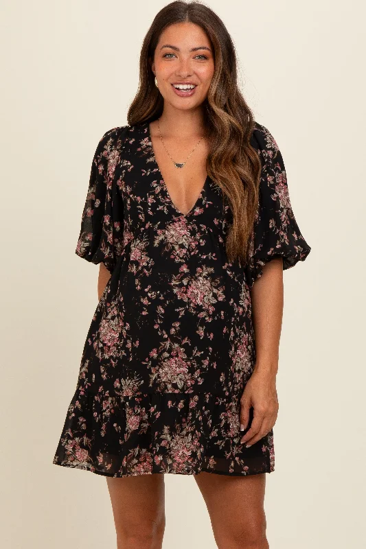 Black Deep V-Neck Tie Back Floral Maternity Mini Dress Casual V-Neck Mini Dress