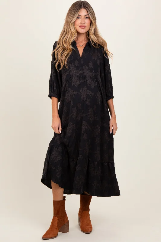 Black Floral Applique Collared Maternity Midi Dress Stylish Long Sleeve Floral Midi Dress