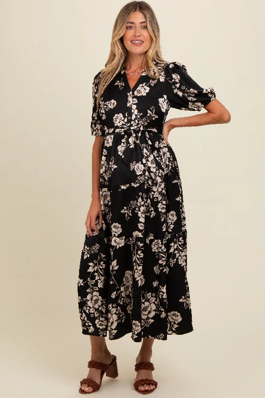 Black Floral Button Down Front Tie Maternity Midi Dress Comfortable Floral Print Midi Dress