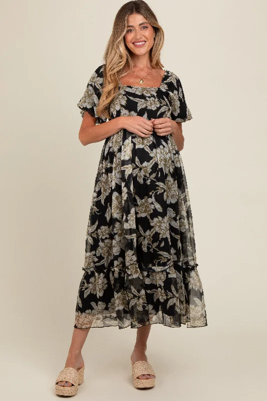 Black Floral Chiffon Ruffle Hem Maternity Midi Dress Trendy Boho Midi Dress