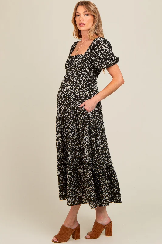 Black Floral Leopard Print Maternity Midi Dress Comfortable Floral Print Midi Dress