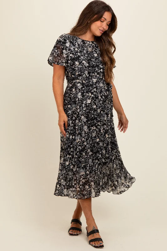 Black Floral Pleated Maternity Midi Dress Comfortable Stretch Midi Dress