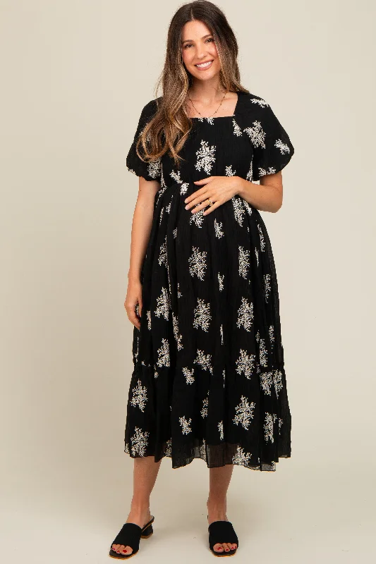 Black Floral Print Ruffle Hem Maternity Midi Dress Elegant Satin Button Midi Dress