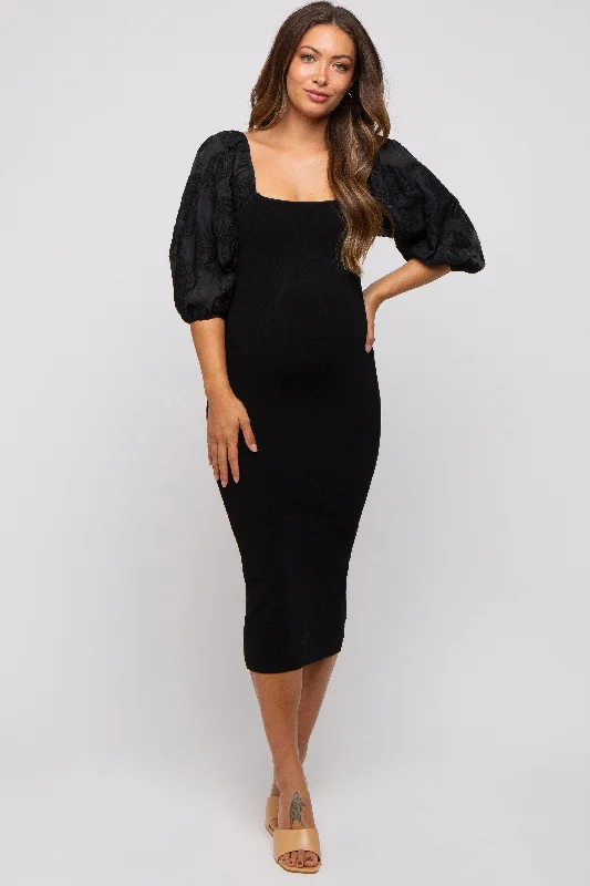 Black Floral Puff Sleeve Maternity Midi Dress Cozy Knit Midi Dress