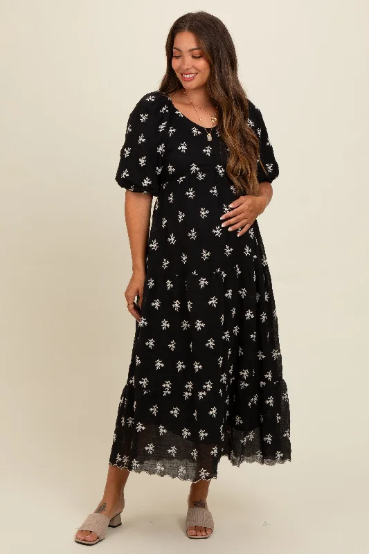 Black Floral Puff Sleeve Maternity Midi Dress Trendy Fit-and-Flare Midi Dress