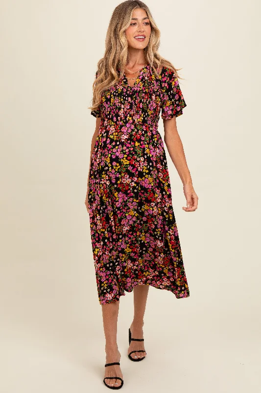 Black Floral Smocked Button Up Maternity Midi Dress Stylish Satin Midi Dress