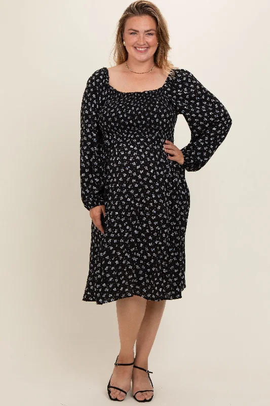 Black Floral Smocked Square Neck Plus Maternity Midi Dress Trendy Mock Neck Midi Dress