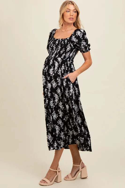 Black Floral Smocked Sweetheart Neckline Maternity Midi Dress Comfortable Deep V Midi Dress