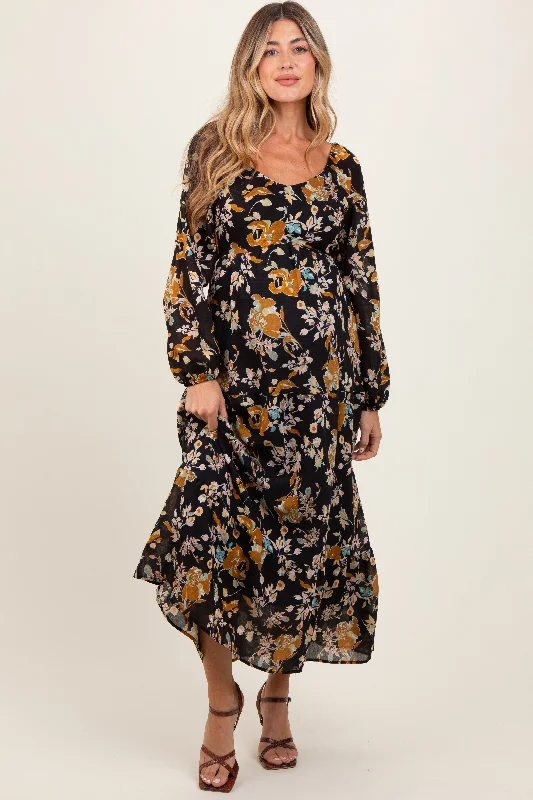 Black Floral V-Neck Long Sleeve Maternity Midi Dress Trendy Off-Shoulder Ruffle Midi Dress