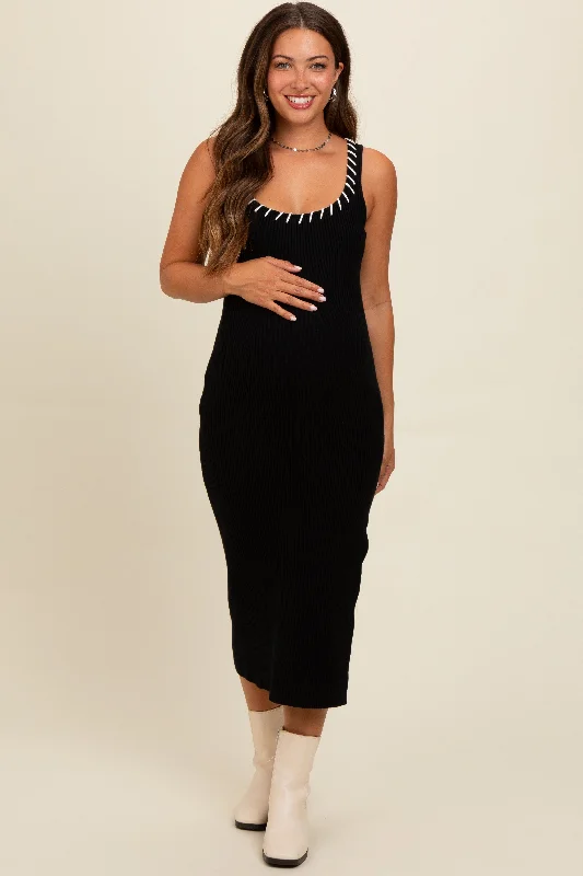 Black Knit Contrast Stitch Detail Maternity Midi Dress Elegant Sleeveless Midi Dress