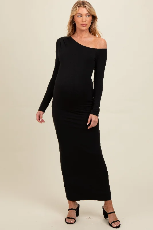 Black One Shoulder Long Sleeve Maternity Midi Dress Stylish Long Sleeve Floral Midi Dress