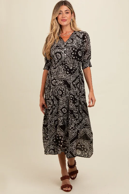 Black Paisley Button Front V-Neck Tiered Maternity Midi Dress Trendy Ruffled Sleeve Midi Dress