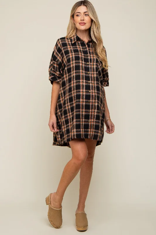 Black Plaid Oversized Maternity Mini Dress Trendy Off-Shoulder Dress Mini