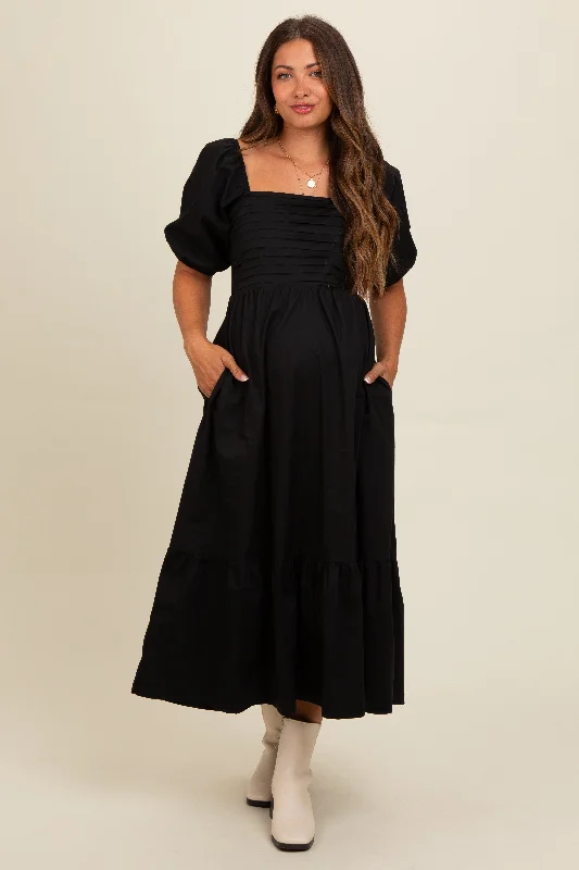 Black Pleated Bodice Puff Sleeve Maternity Midi Dress Fashionable Pleated Midi Dress