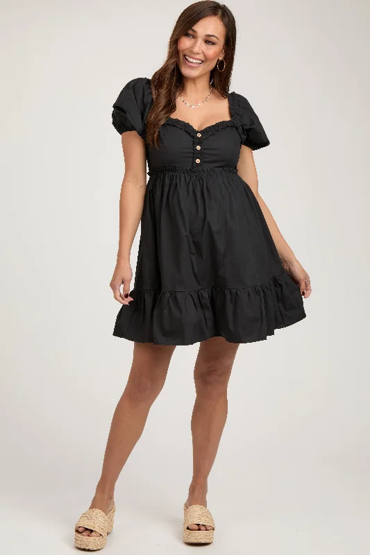 Black Puff Sleeve Ruffle Accent Maternity Mini Dress Fashionable Button-Front Mini Dress