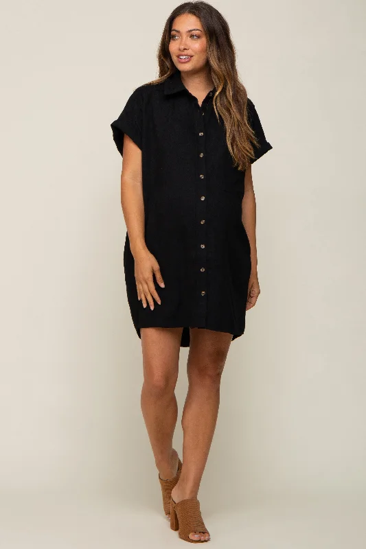 Black Ribbed Button Down Maternity Mini Dress Fashionable Off-Shoulder Mini Dress